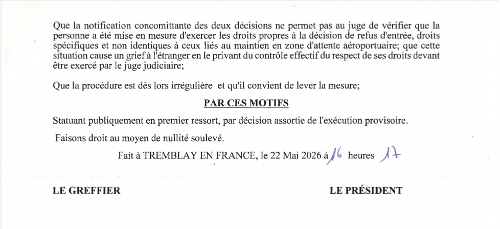 Ordonnance du JLD de Bobigny, 22 mai 2026 — nullité de la procédure en zone d'attente